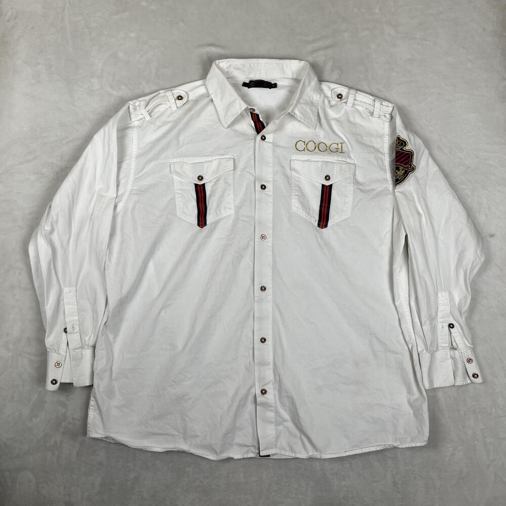 Vintage Coogi Shirt Mens 4XL White Long Sleeve Button Front Crest Patch Y2K